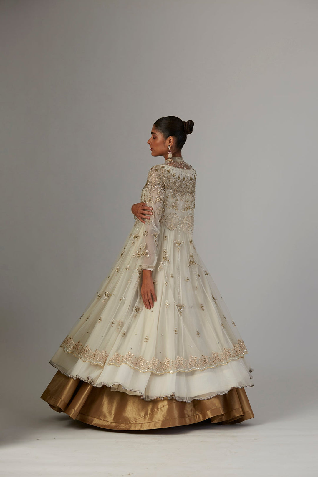 Ivory Chiffon Anarkali Paired With Tulle Net Jacket