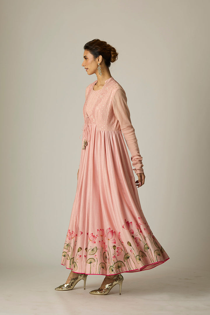 Old Rose Lotus Printed & Embroidered Anarkali Set(3 PCS)