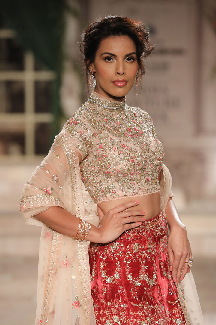 Embroidered Blouse With Lehanga And Dupatta