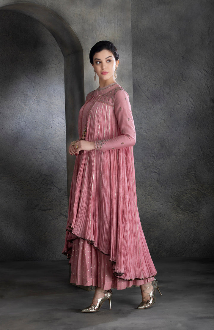 Dusty Pink Chanderi & Cotton Floral Embroidered Angrakha Set