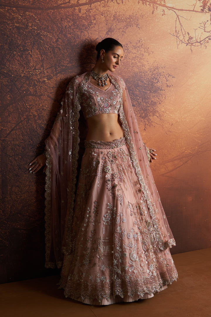 Salmon Pink Embroidered Double Layer Lehnga Paired With Scallop Embroidered Veil And Dupatta