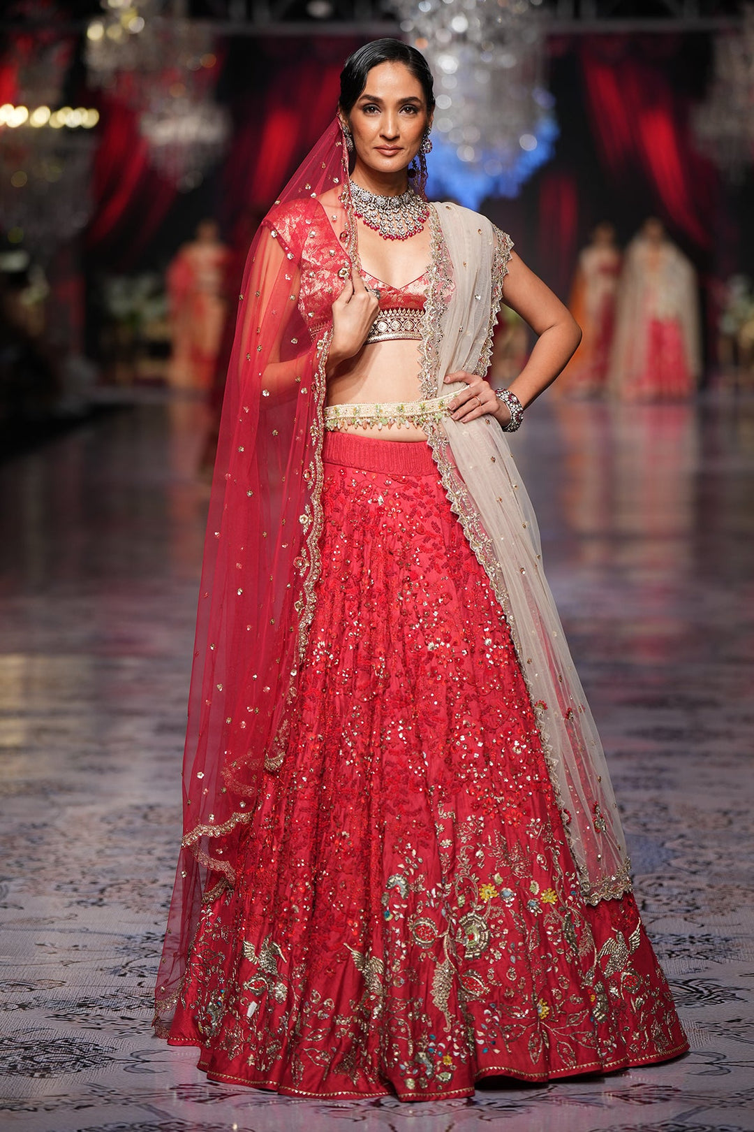 Summer Red Dupion Embroidered Lehenga Set (4 PCS)