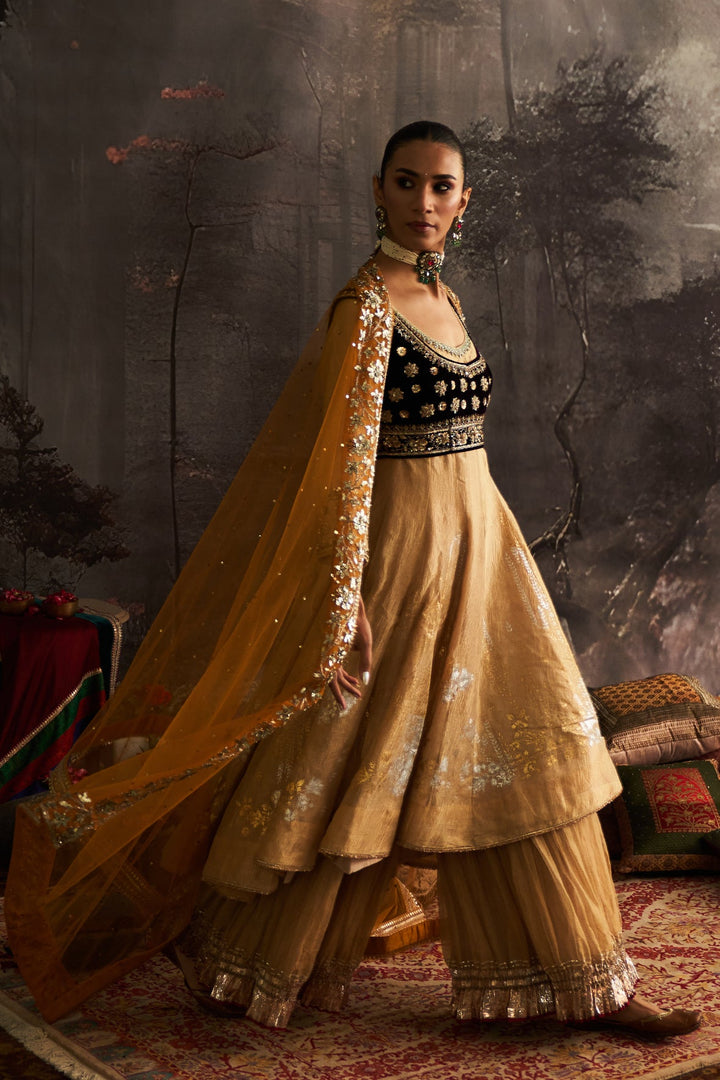 Yellow Silk Embroidered Anarkali Set (4 PCS)