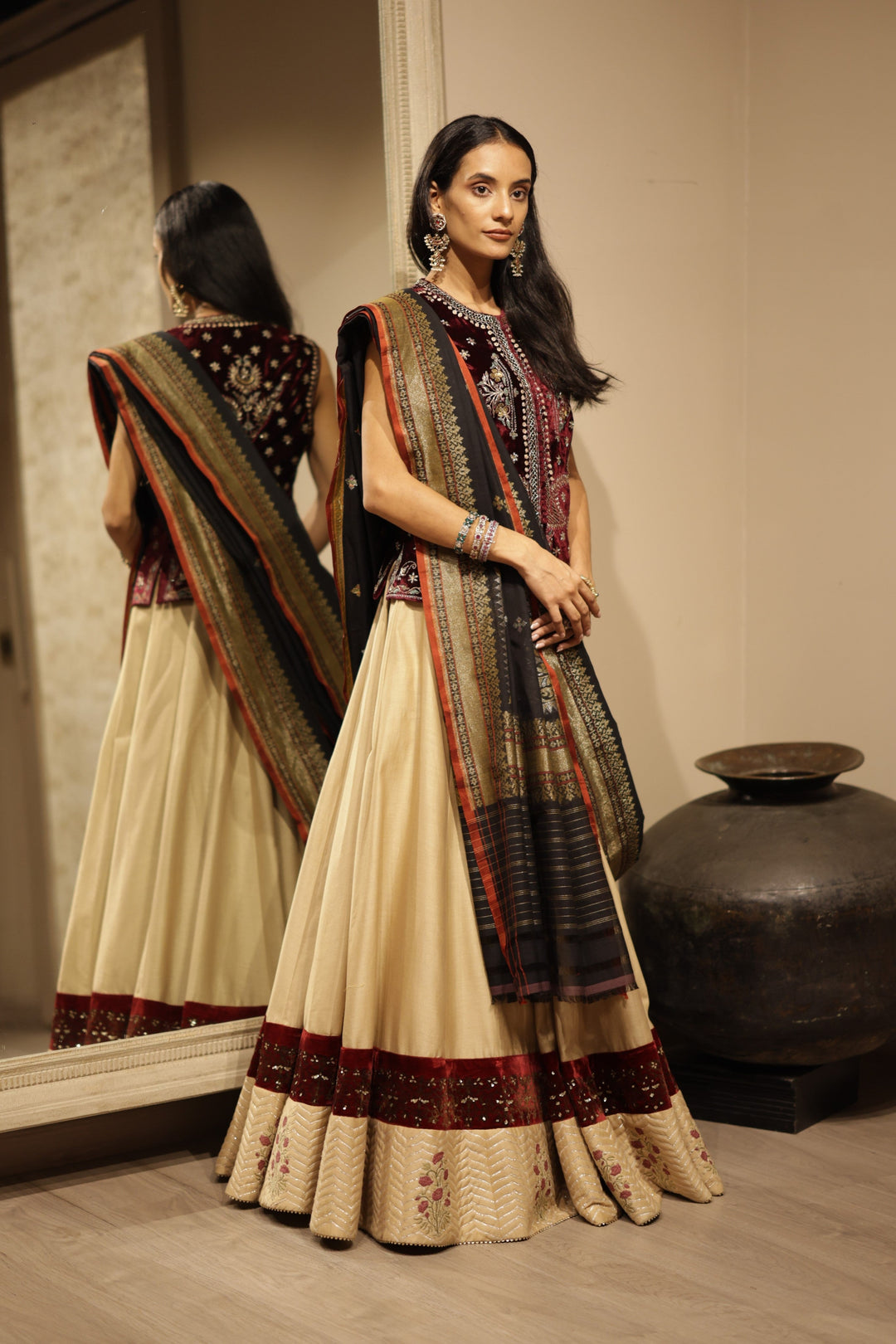 Light Grey Dupion Embroidered Bordered Work Lehenga