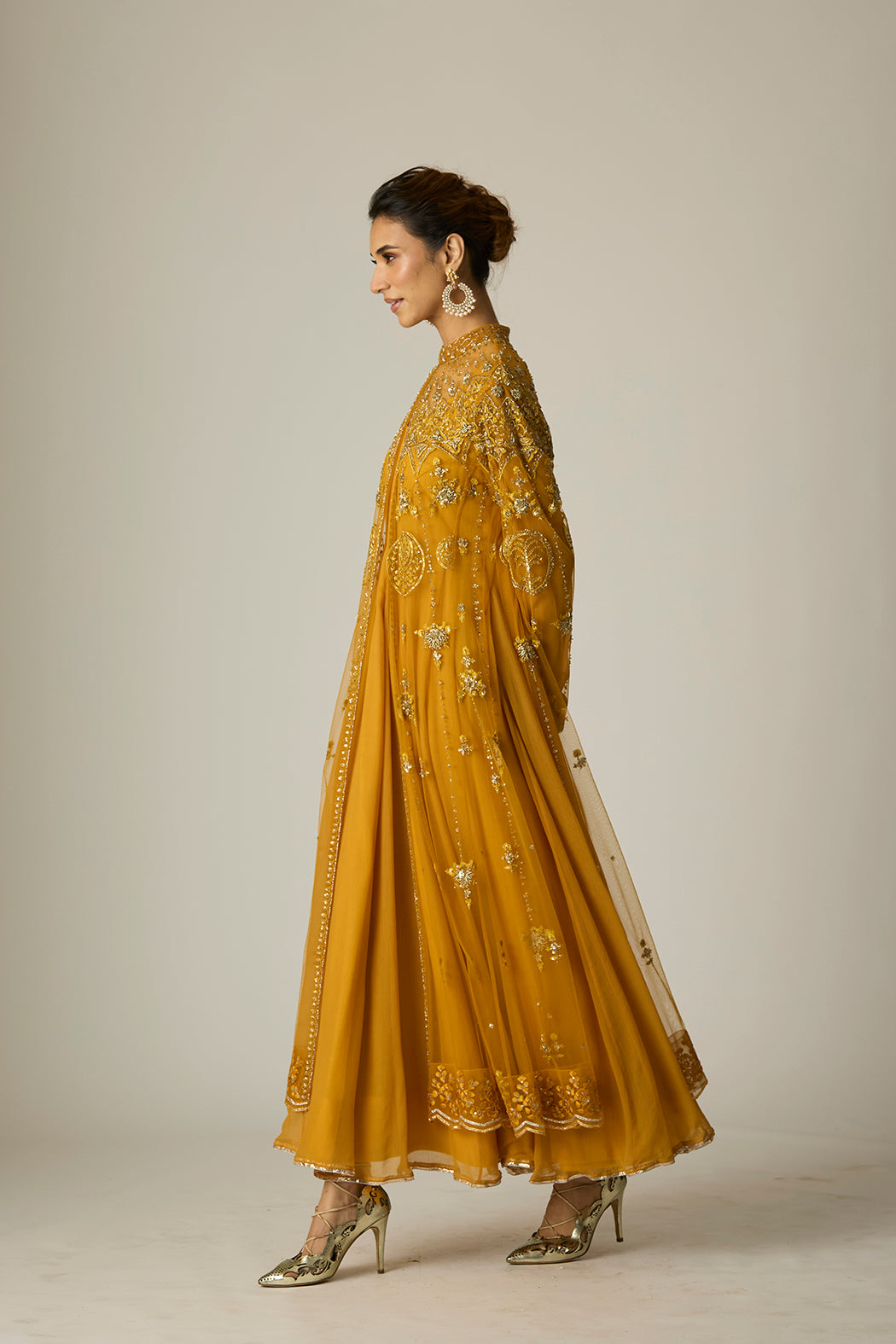 Mustard Chiffon & Tulle Embroidered Jacket Set (2 PCS)