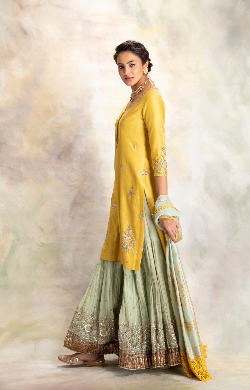 Yellow Zardozi Embroidered Kurta With Mint Sharara