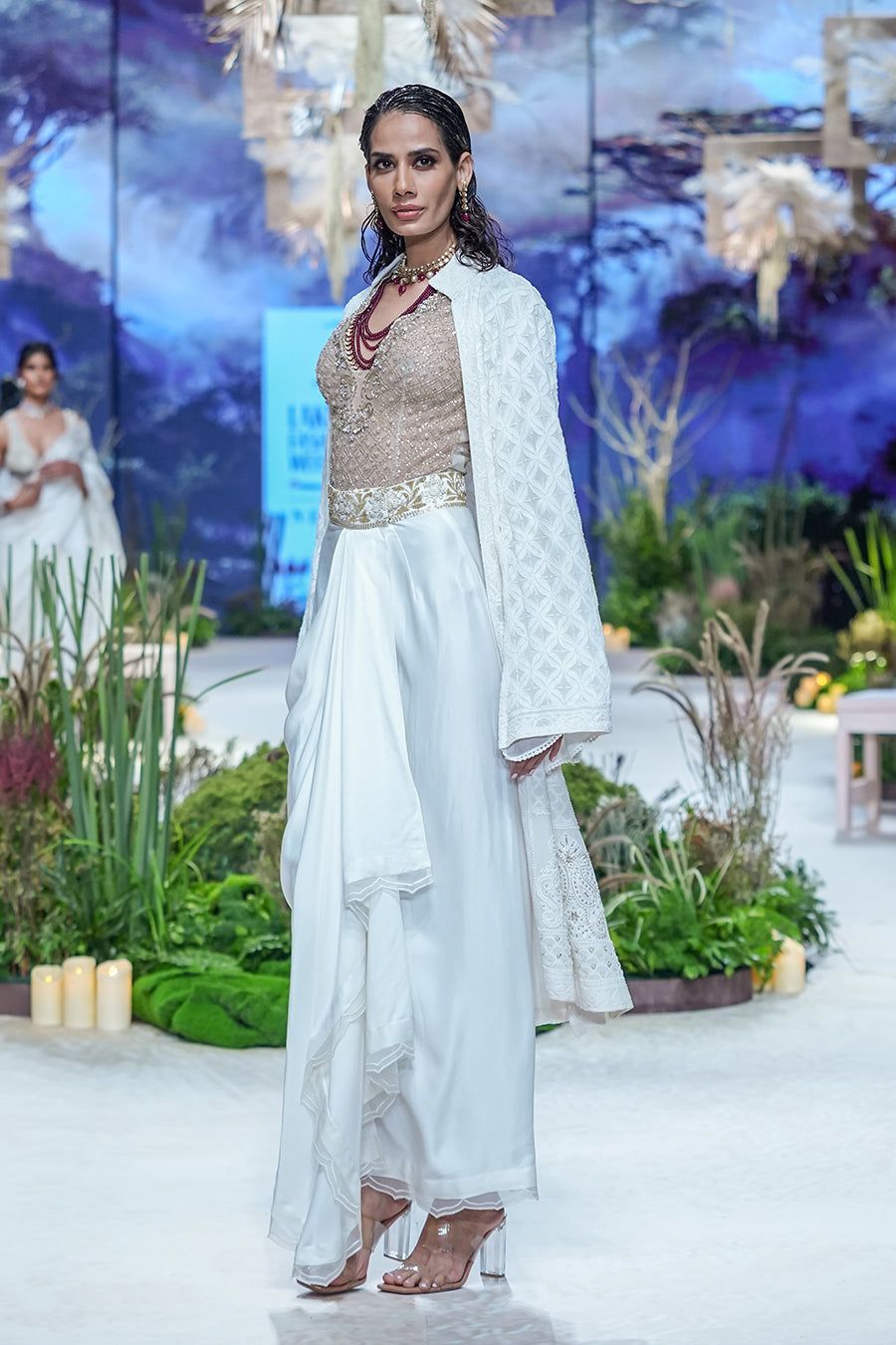 Toosh Emb. Bodysuit With Ivory Mushroo Drape Skirt And Ivory Chikankari Cape