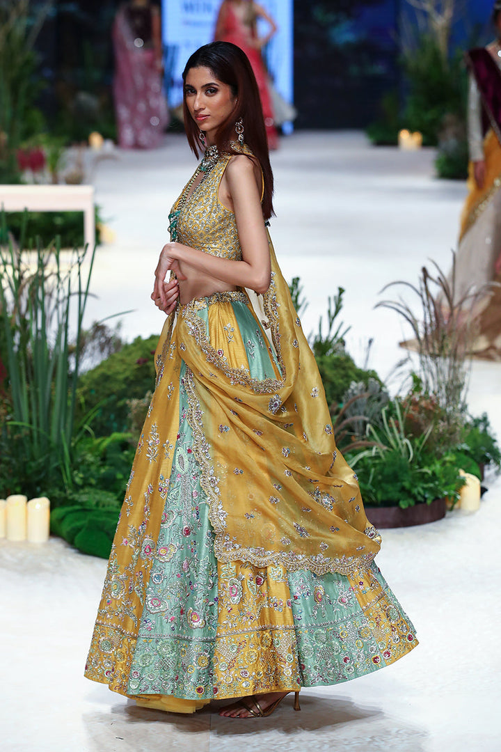 Yellow Viscose Dupion Scalloped Emb. Lehenga & Yellow Organza Emb. Dupatta