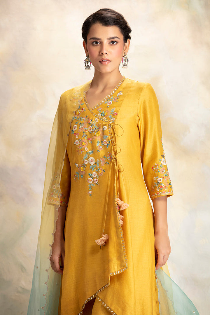 Yellow Silk Chanderi Floral Embroidered Angrakha Kurta With Yellow Organza Sharara & Yellow & Blue Ombre Organza Dupatta