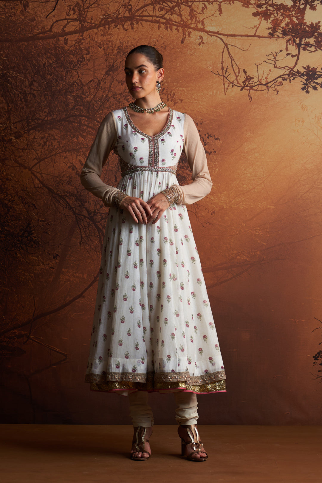 Ivory Printed Chanderi Anarkali Set