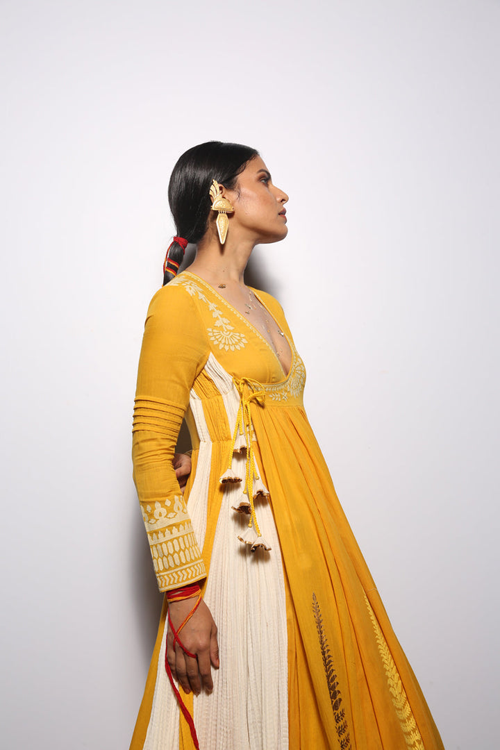 Turmeric & Ivory Khadi Embroidered & Foil Printed Angrakha Set (2 PCS)