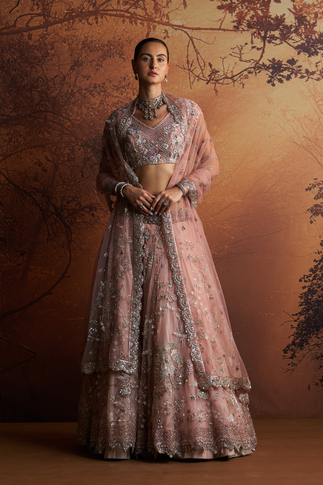 Salmon Pink Embroidered Double Layer Lehnga Paired With Scallop Embroidered Veil And Dupatta