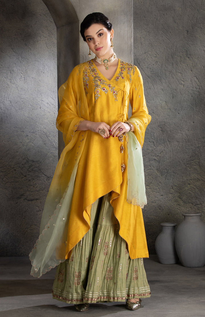 Yellow Floral Embroidered Angrakha Style Kurta Set