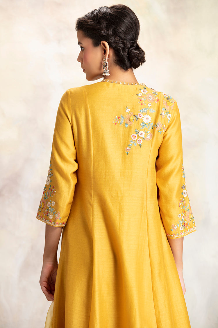 Yellow Silk Chanderi Floral Embroidered Angrakha Kurta With Yellow Organza Sharara & Yellow & Blue Ombre Organza Dupatta