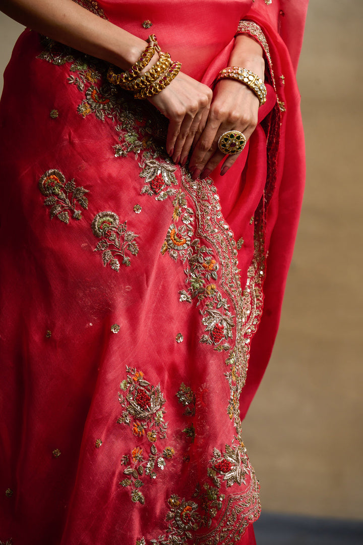 Red Organza Embroidered Saree Set (3 PCS)