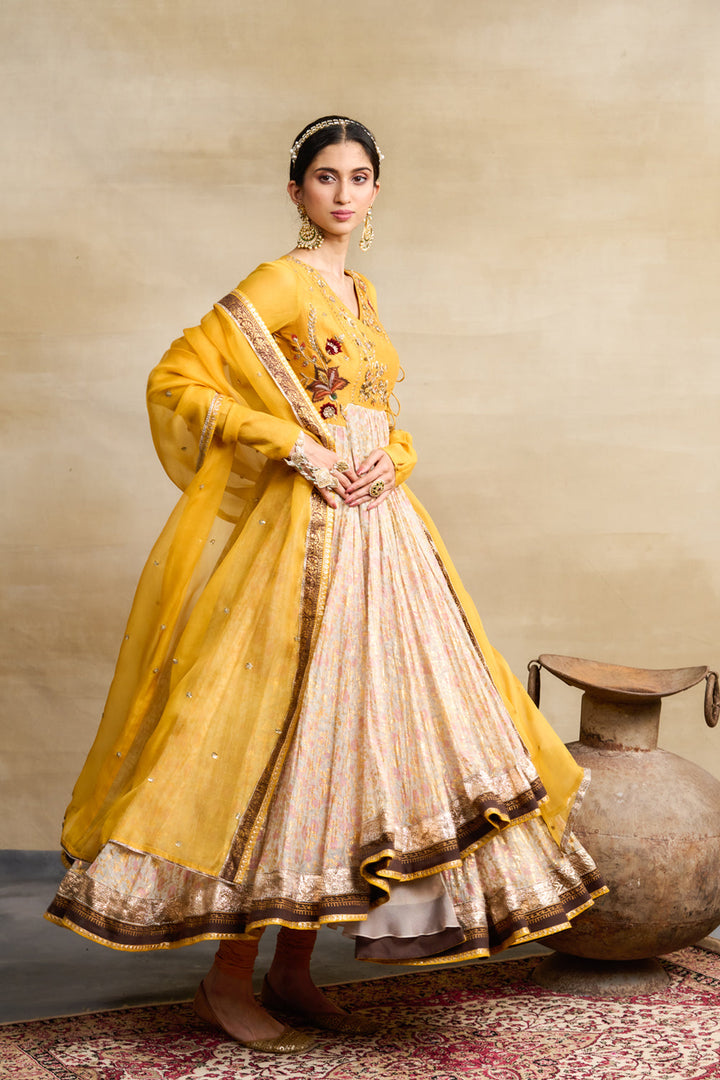 Yellow & Toosh Chanderi Printed & Embroidered Anarkali Set (3 PCS)