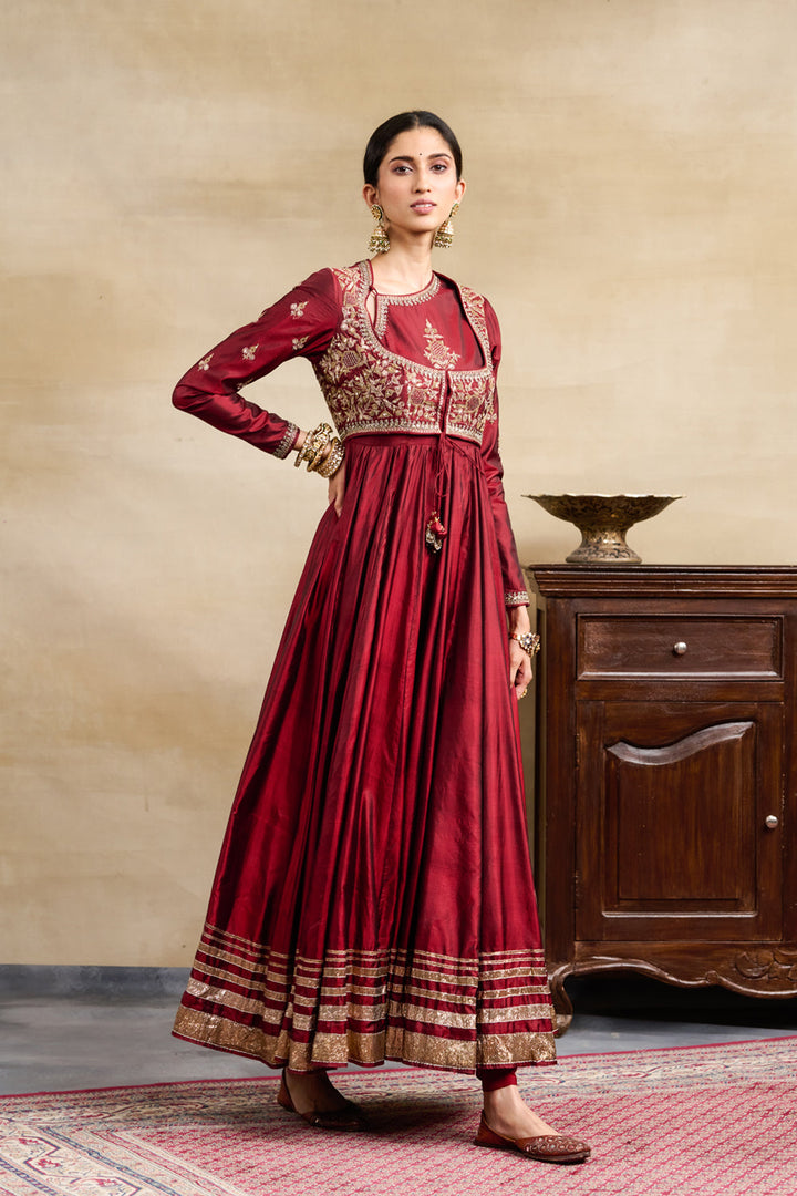 Maroon Silk Jacket Style Embroidered Anarkali Set