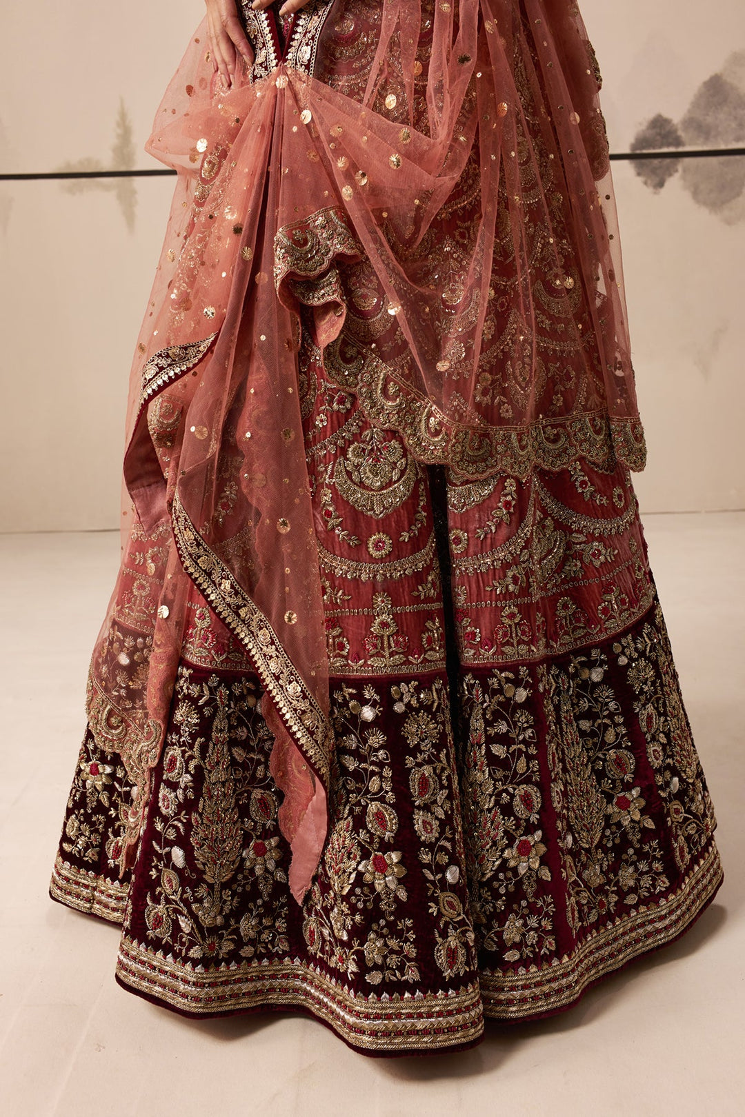 Old Rose And Ruby Embroidered Lehenga