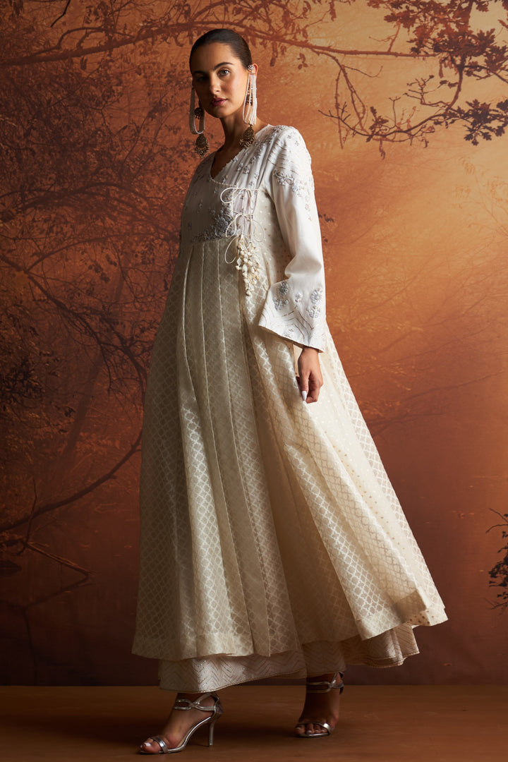 Ivory Embroidered Cutwork Woven Double Layer Angrakha Set