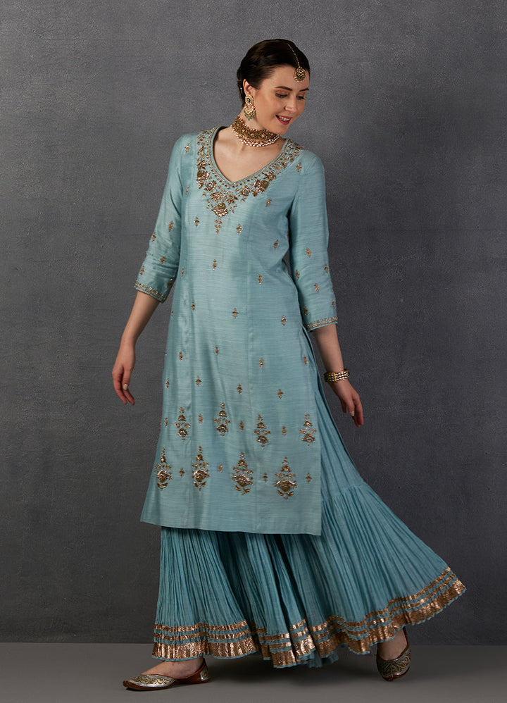 Aqua Georgette Tussar Embroidered Kurta Set