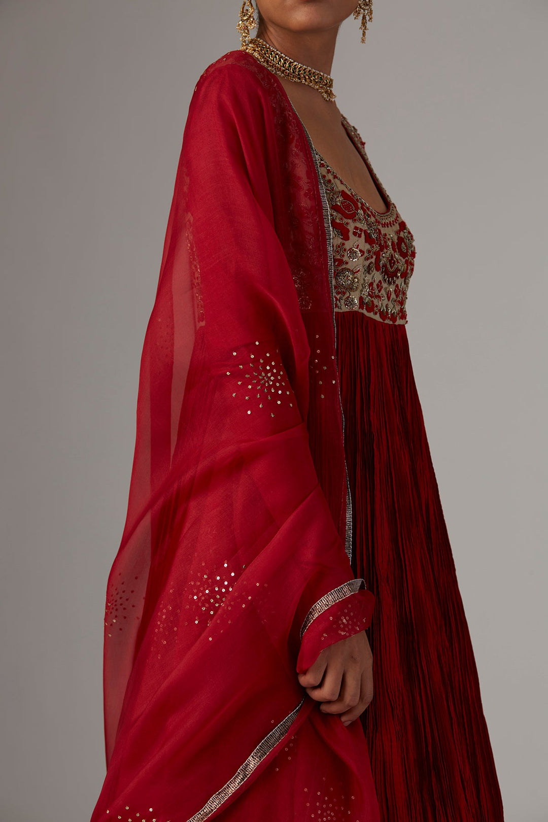 Red Silk Emb. Anarkali Organza Emb. Dupatta & Copper Lame Skirt