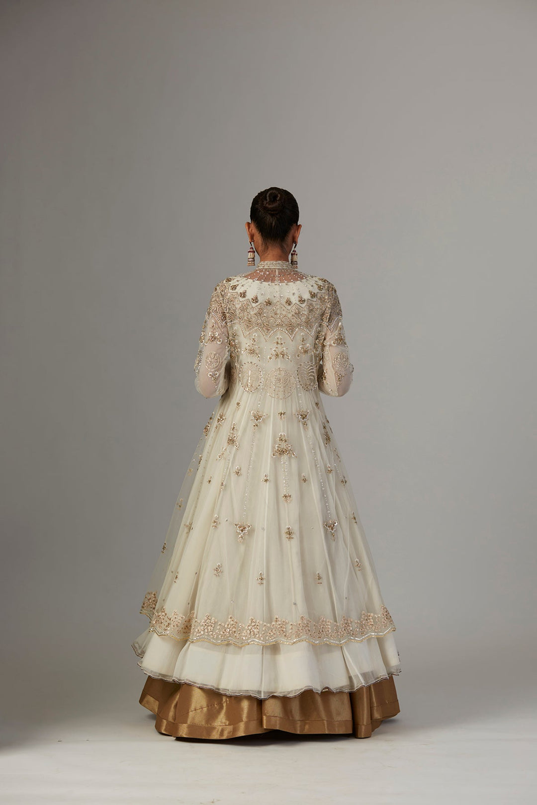 Ivory Chiffon Anarkali Paired With Tulle Net Jacket