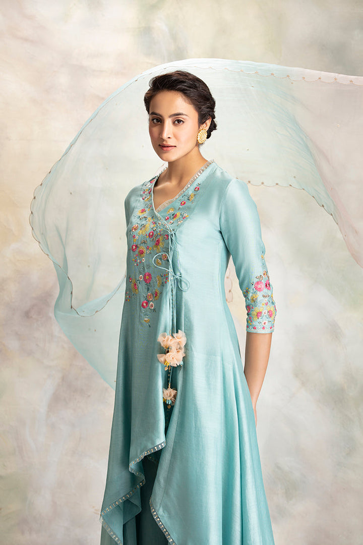 Multicolour Floral Motifs Embroidered Aqua Blue Kurta Set