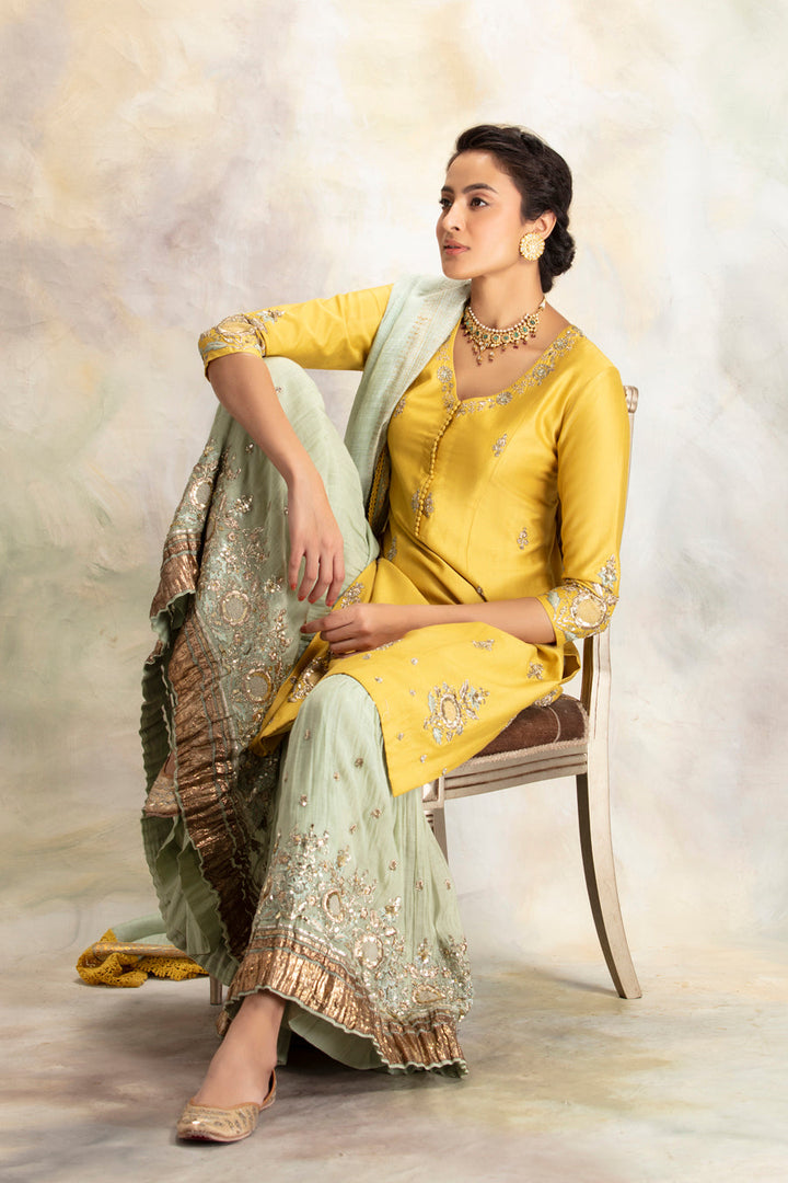 Yellow Zardozi Embroidered Kurta With Mint Sharara