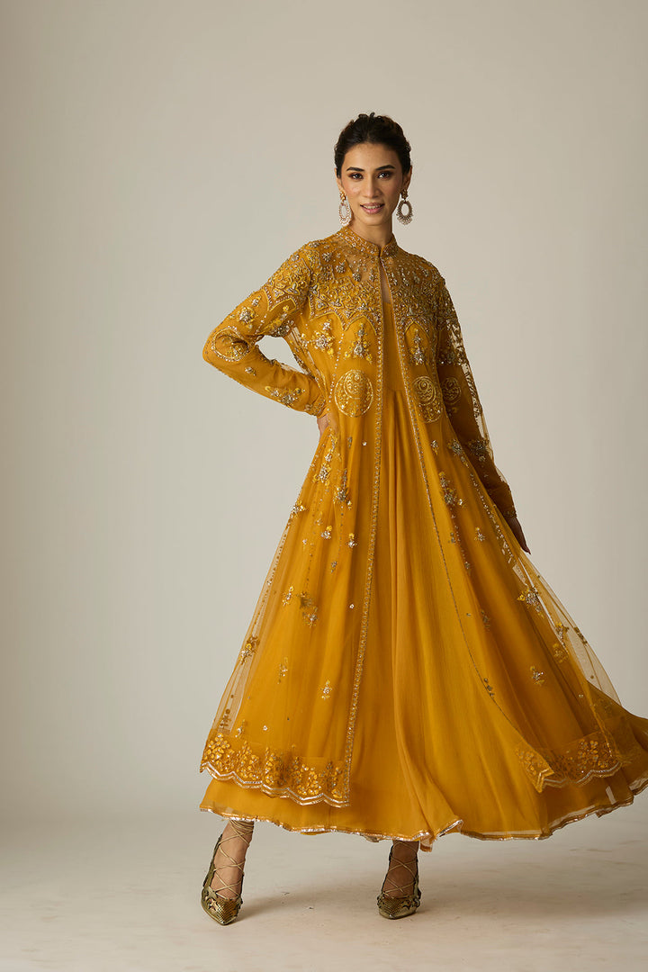 Mustard Chiffon & Tulle Embroidered Jacket Set (2 PCS)