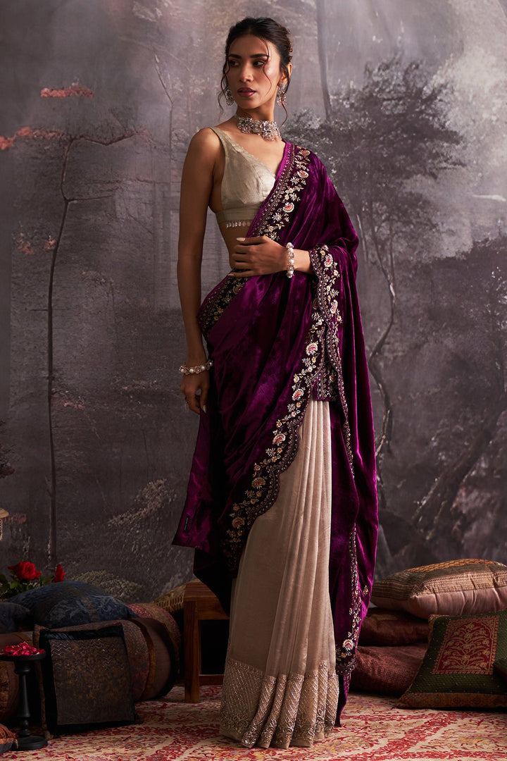 Brown Crush Organza Tissue & Purple Velvet Embroidered Saree Set (4 PCS)