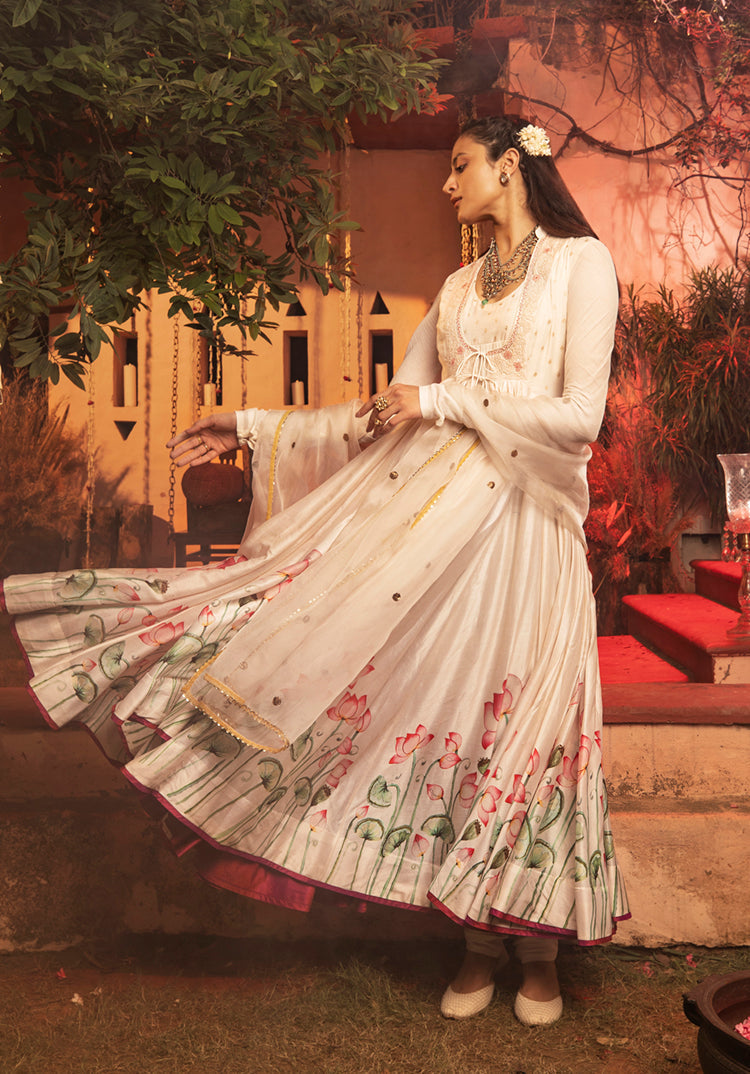 Ivory Silk Chanderi Lotus Printed & Embroidered Anarkali Set