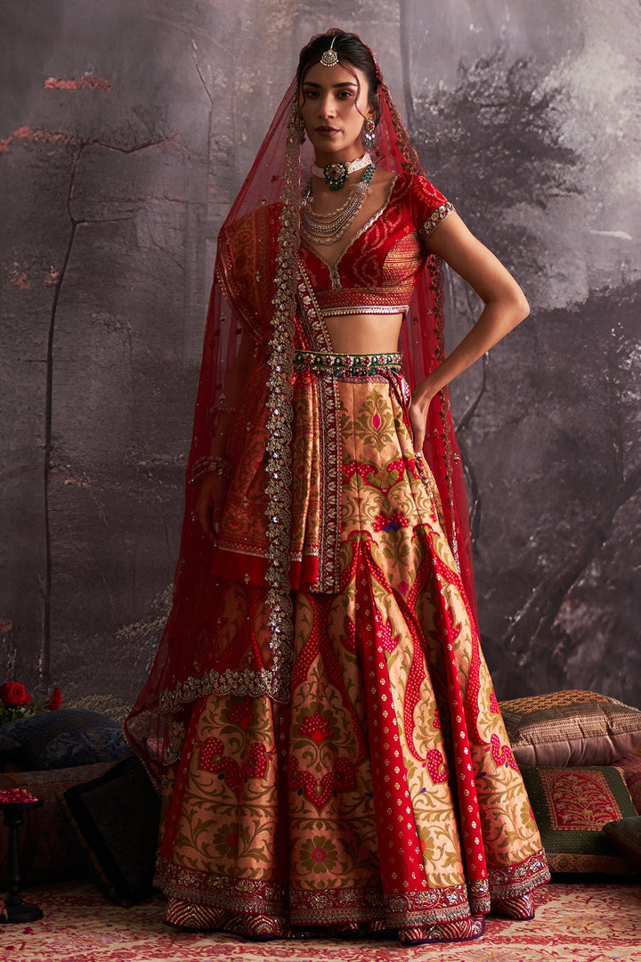 Red Bandhani Embroidered Lehenga Set (4 PCS)