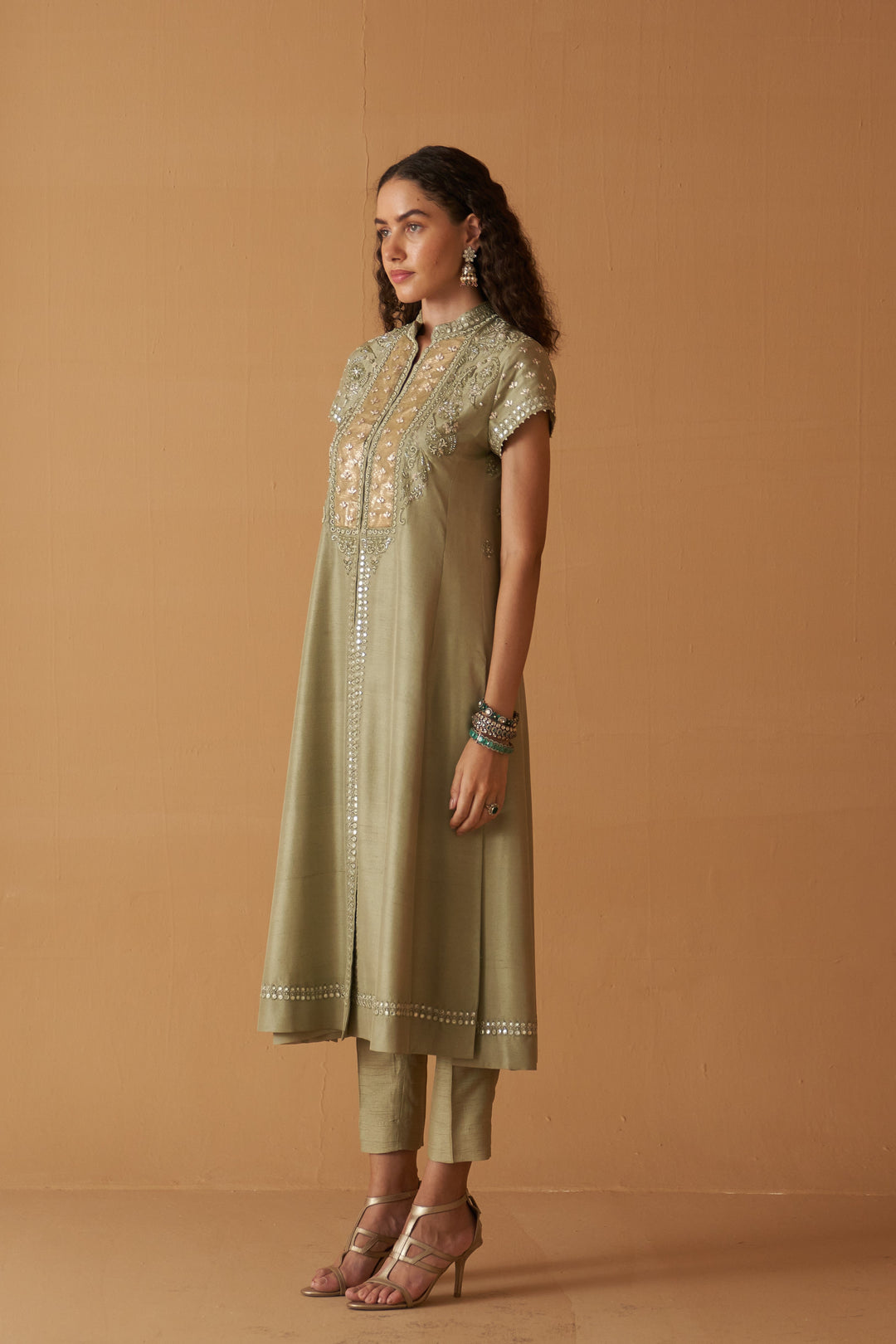 Sage Green  Silk Embroidered Jacket & Sage Green Dupion Pants