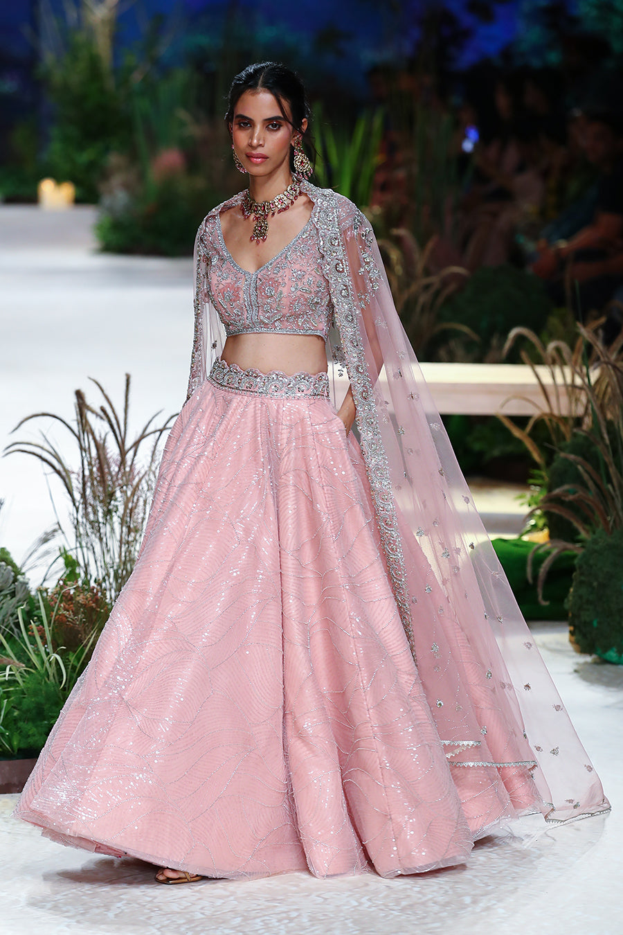 Old Rose Net Embroidered Lehenga