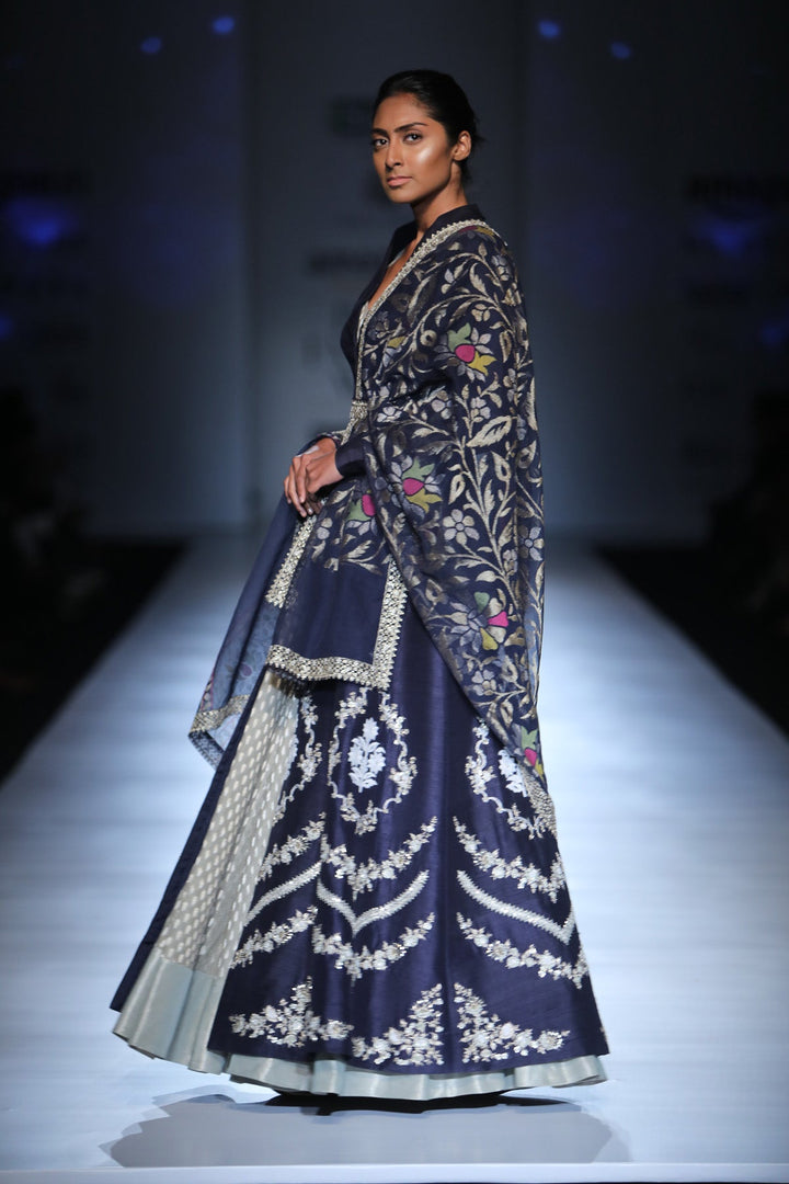 Indigo Embroidered Jacket With Kurta & Dupatta