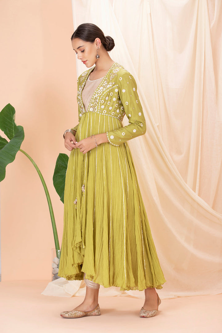 Mehendi Green Embroidered Jacket With Kurta And Dhoti