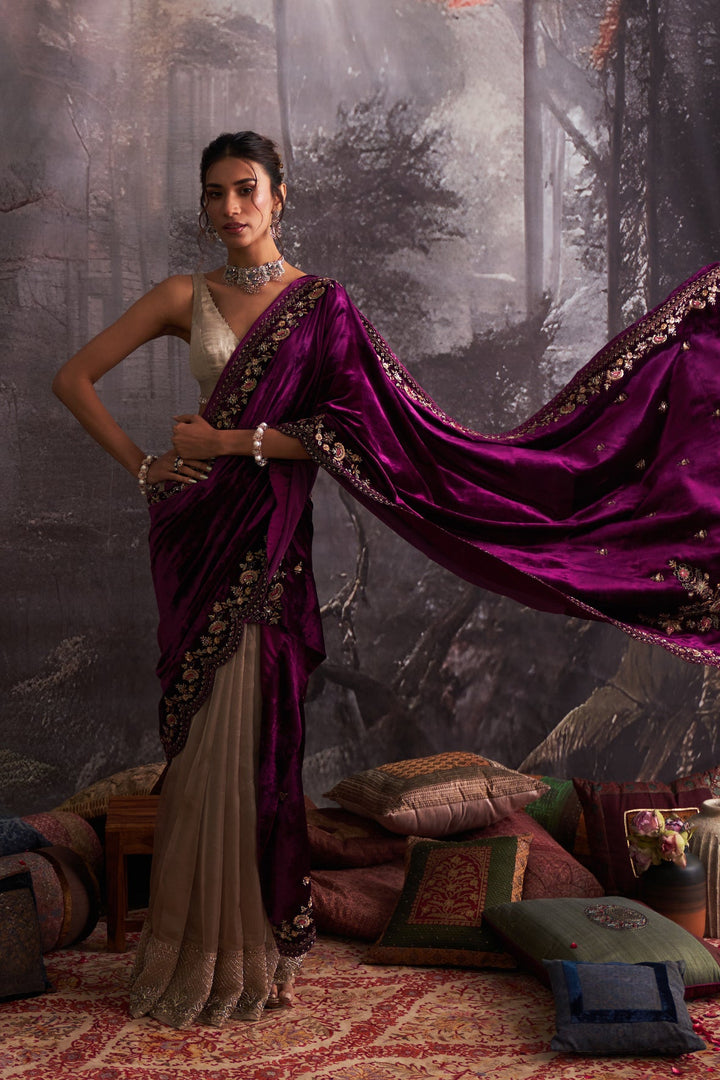 Brown Crush Organza Tissue & Purple Velvet Embroidered Saree Set (4 PCS)