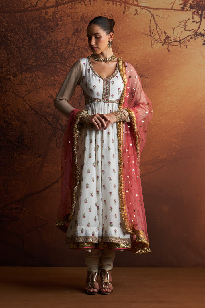 Ivory Printed Chanderi Anarkali Set