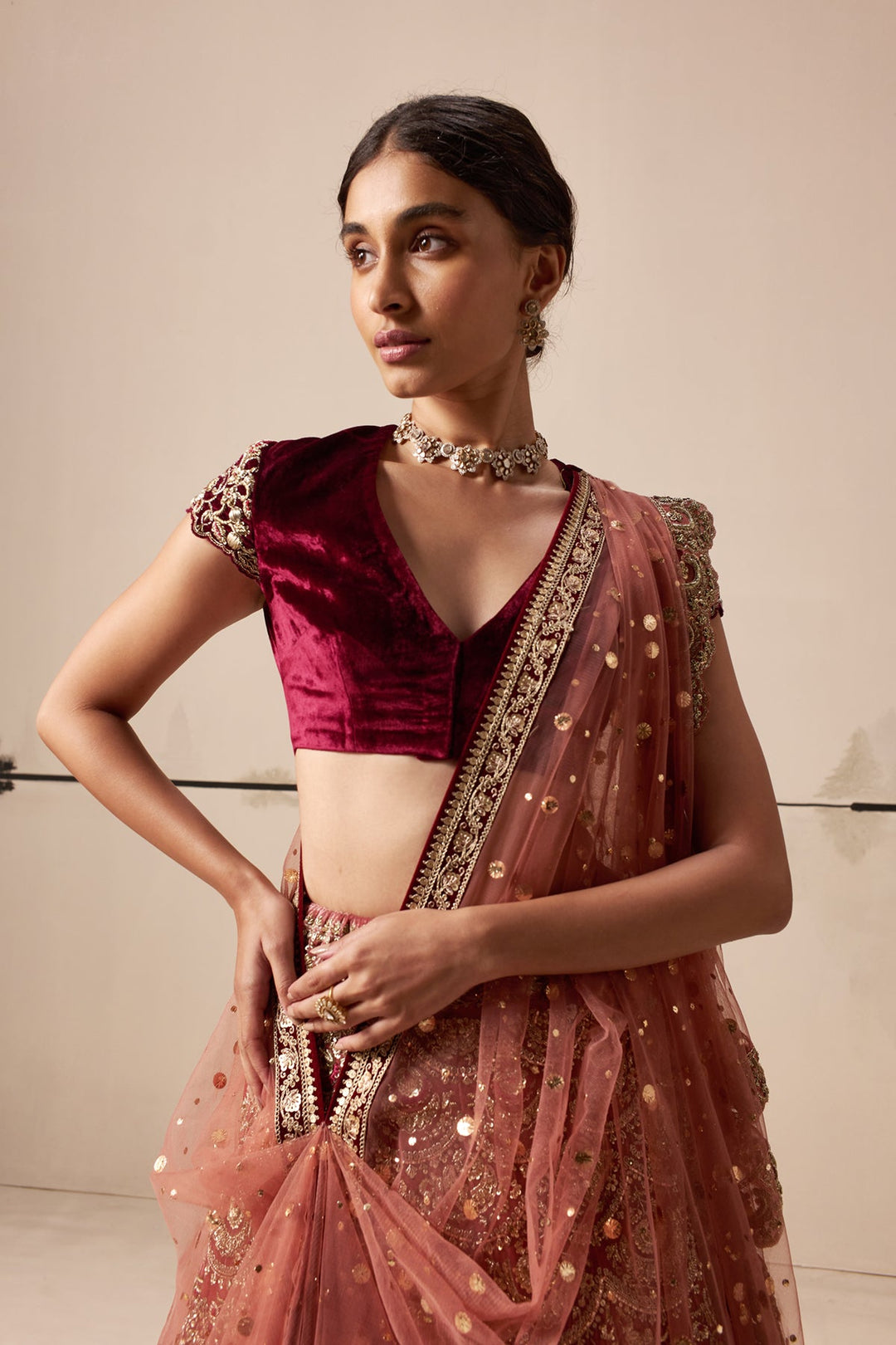 Old Rose And Ruby Embroidered Lehenga