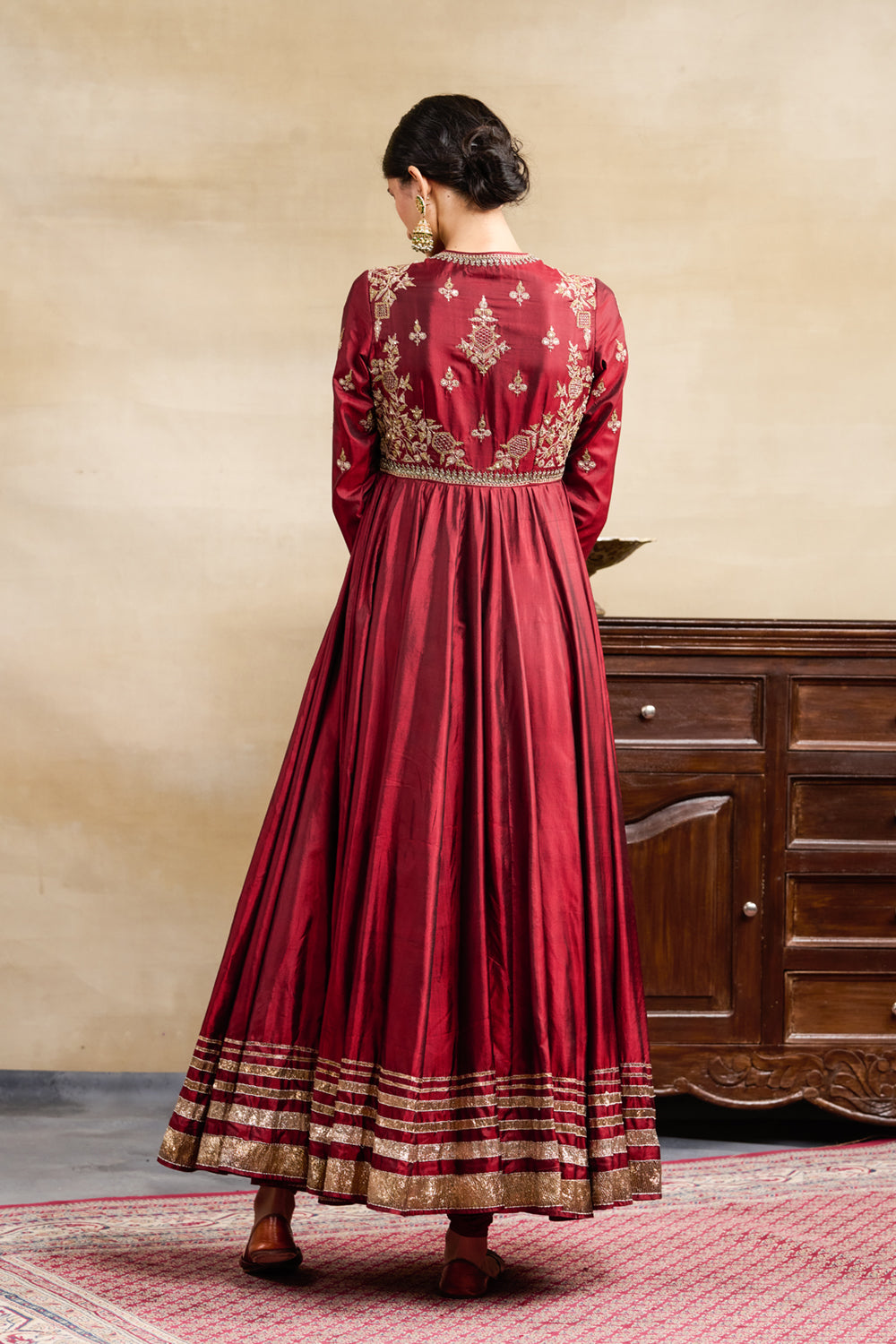 Maroon Silk Jacket Style Embroidered Anarkali Set