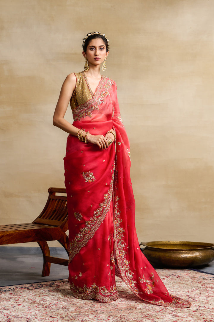 Red Organza Embroidered Saree Set (3 PCS)