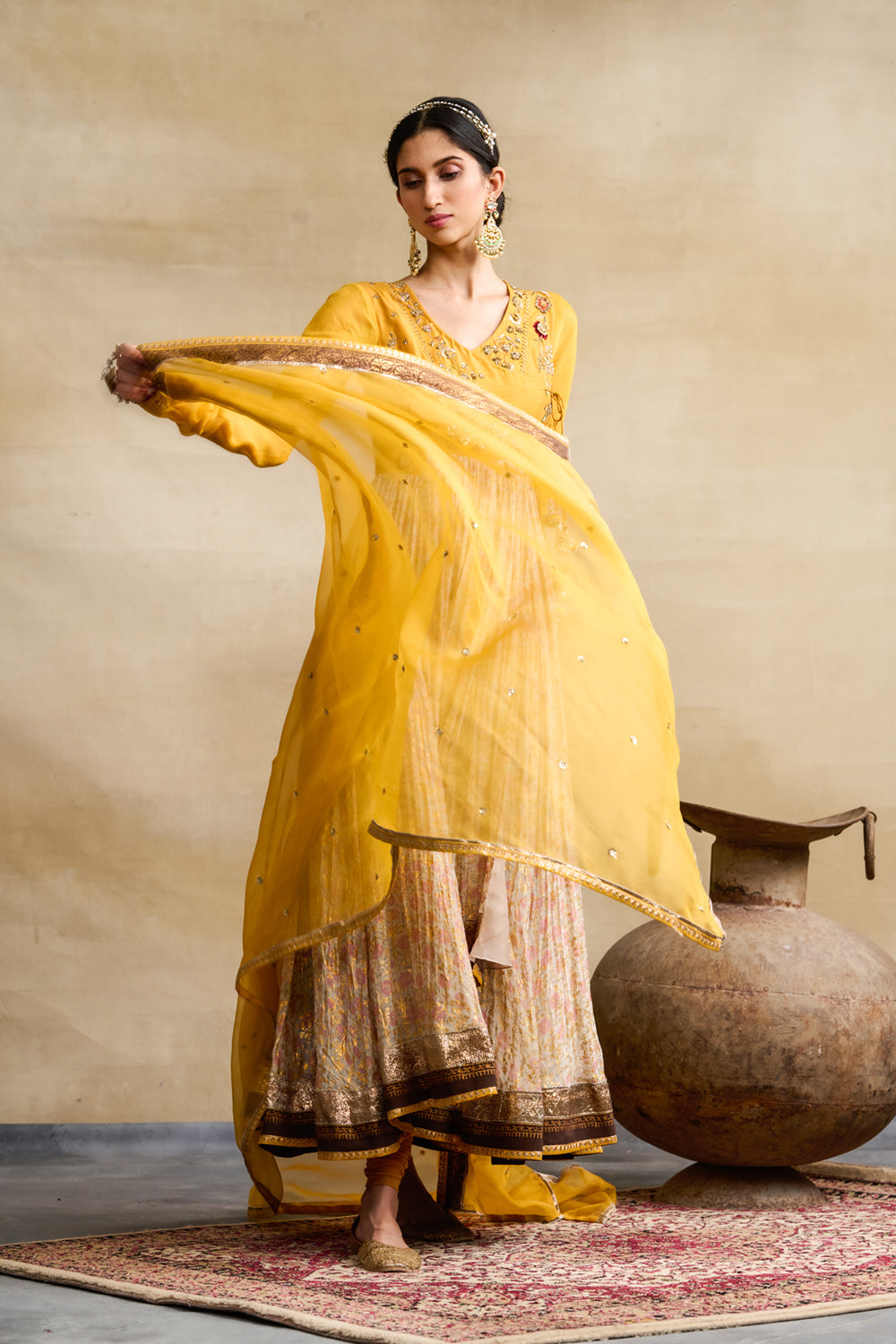 Yellow & Toosh Chanderi Printed & Embroidered Anarkali Set (3 PCS)