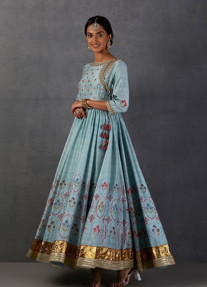 Aqua Silk Chanderi Printed & Embroidered Angrakha Style Anarkali Set