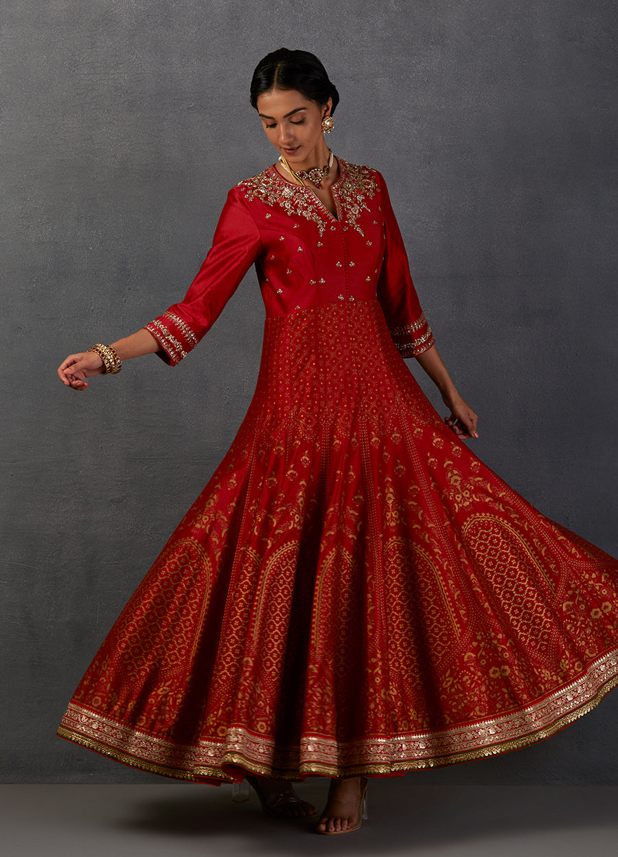 Crimson Red Silk Chanderi Gold Printed &Amp; Embroidered Anarkali Set