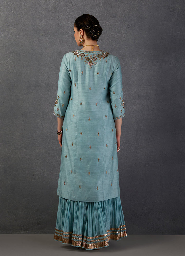 Aqua Georgette Tussar Embroidered Kurta Set