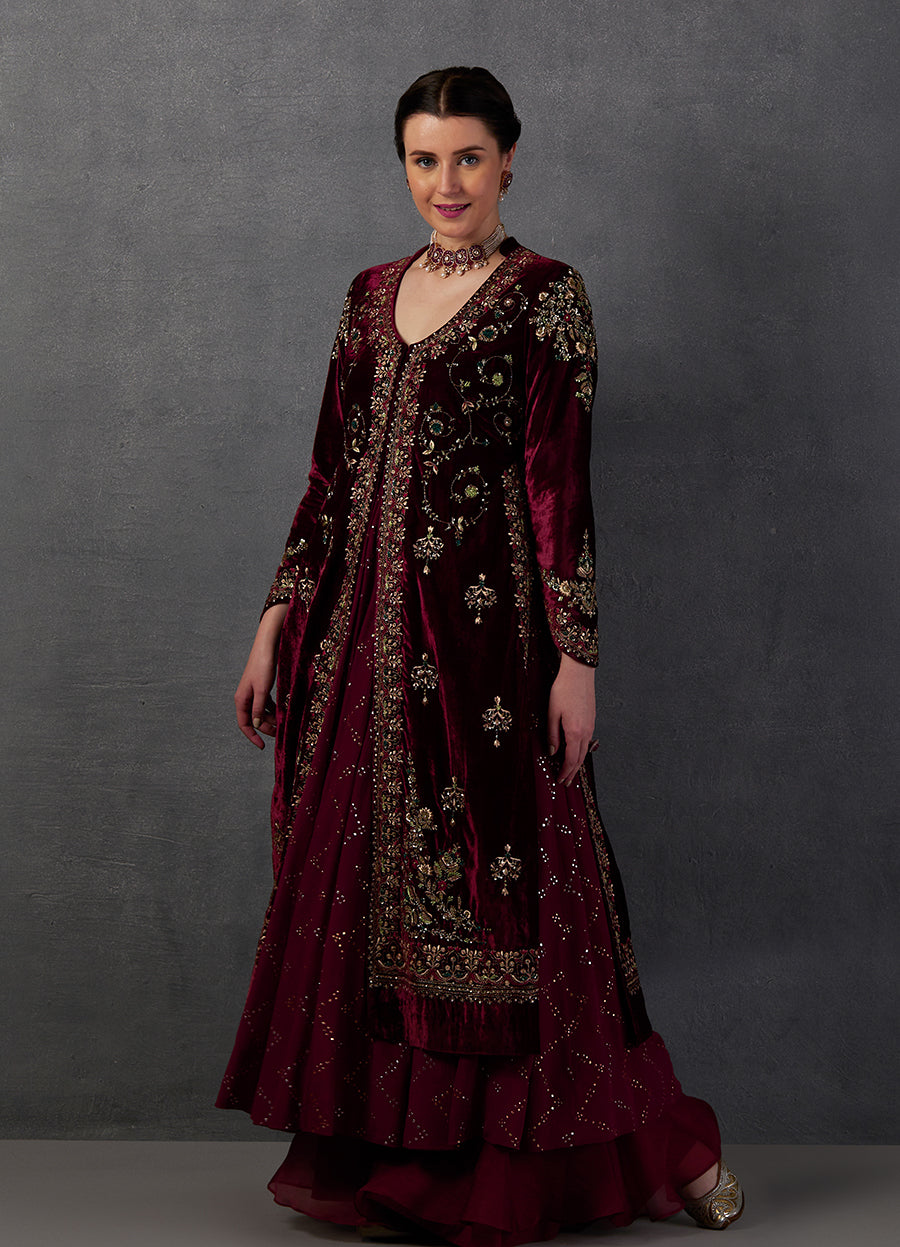 Maroon Silk Velvet Embroidered Jacket Set