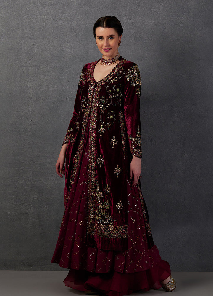 Maroon Silk Velvet Embroidered Jacket Set