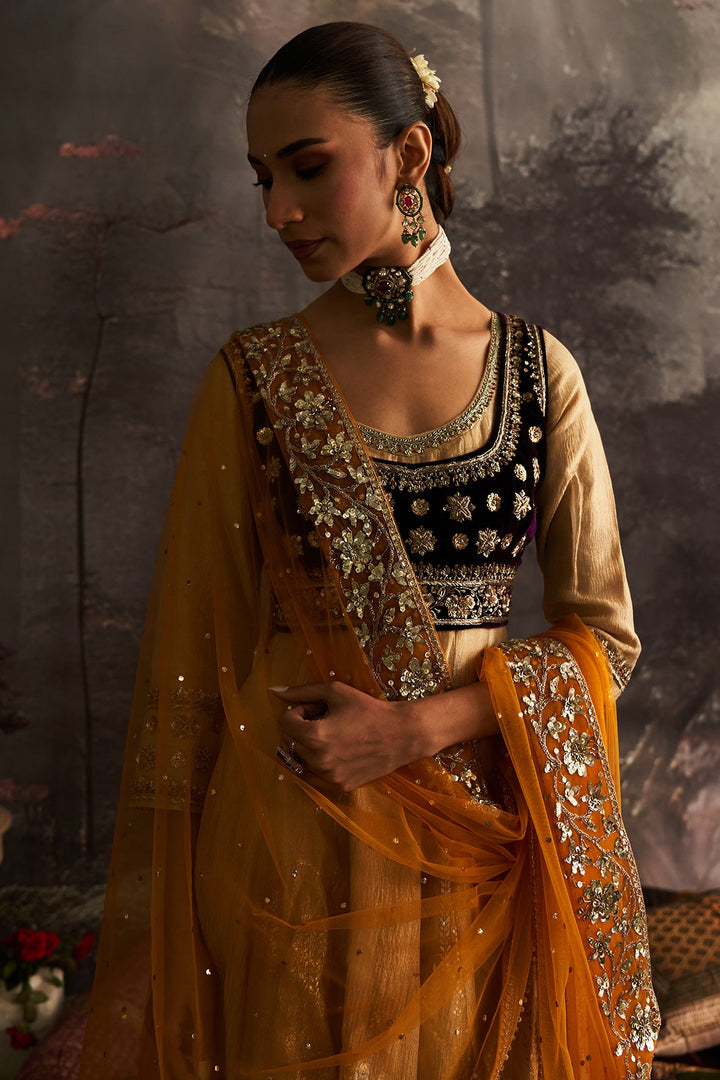 Yellow Silk Embroidered Anarkali Set (4 PCS)