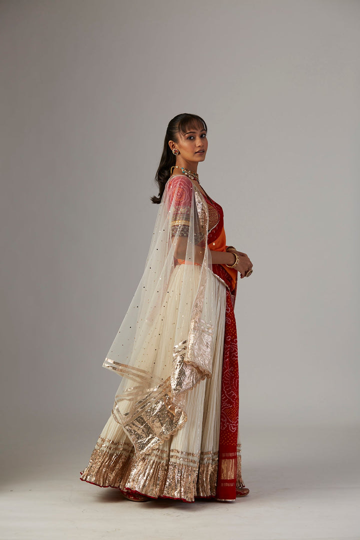 Ivory Gauze Crinkled Lehenga Set With Chanderi Unstitched Blouse