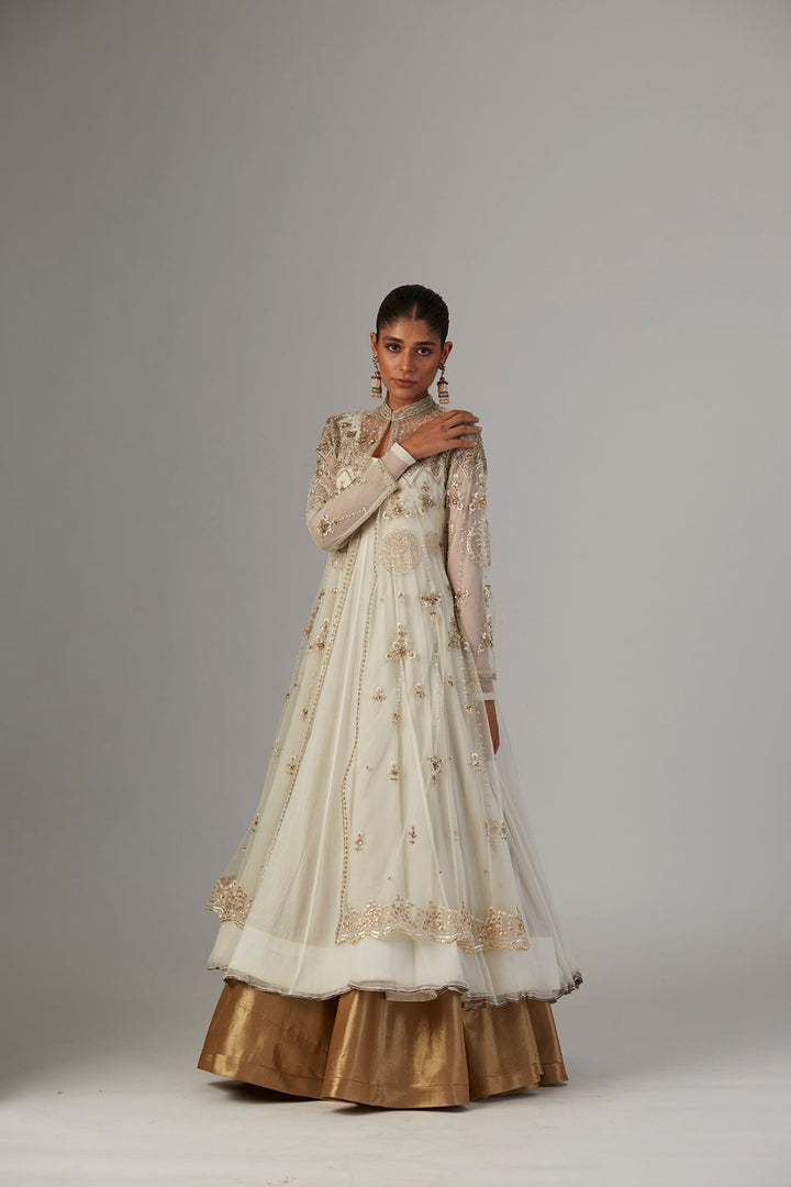 Ivory Chiffon Anarkali Paired With Tulle Net Jacket